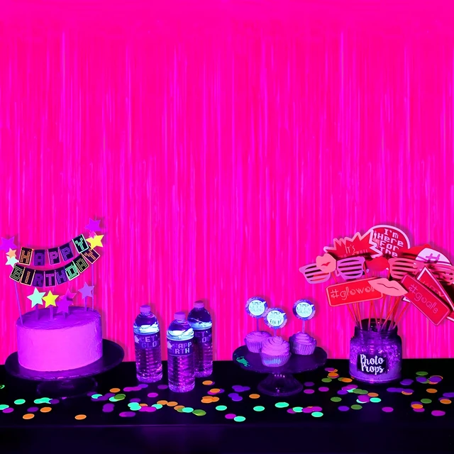Alt view image 4 of 7 - Mega-L Glow in The Dark Party Supplies, Neon Photo Backdrop, 6 Pack 6.6x6.6 ft Fluorescent Fuchsia Foil Fringe Curtains, Glow Photo Backdrop for Birthday, Pool Party, Music Festival, Nightclub