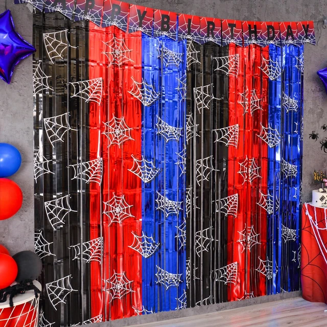 Main image of Spider Web Birthday Decorations, 2 Pack Tinsel Foil Fringe Curtains Spider Party Supplies, 3.3x6.6ft Red Black and Blue Photo Booth Prop Backdrop Streamer, Party Birthday Decor for Boys