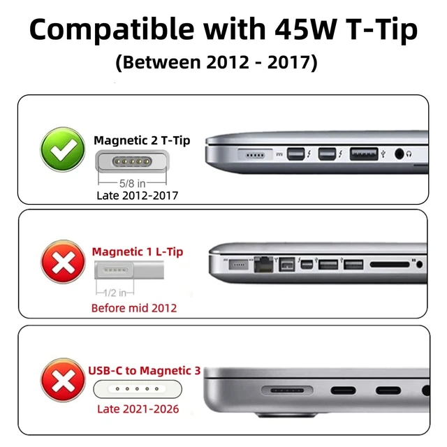 Alt view image 2 of 7 - Old Mac Book Air Charger - 45W Magnetic 2 T-Tip Power Adapter (2012-2017) Original QualityLaptop Charger Compatible with Mac Book Air 11" 13" Models & A1436 A1465 A1466