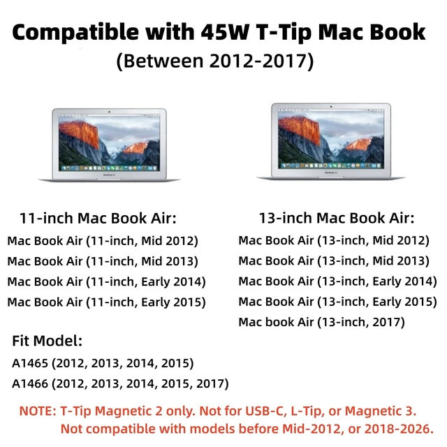 Alt view image 3 of 7 - Old Mac Book Air Charger - 45W Magnetic 2 T-Tip Power Adapter (2012-2017) Original QualityLaptop Charger Compatible with Mac Book Air 11" 13" Models & A1436 A1465 A1466