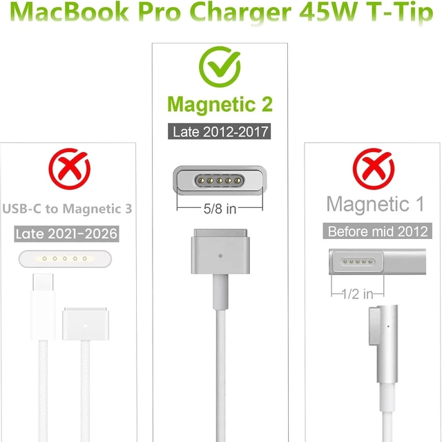 Alt view image 6 of 7 - Old Mac Book Air Charger - 45W Magnetic 2 T-Tip Power Adapter (2012-2017) Original QualityLaptop Charger Compatible with Mac Book Air 11" 13" Models & A1436 A1465 A1466