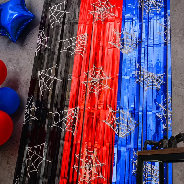 Alt view image 5 of 7 - Spider Web Birthday Decorations, 2 Pack Tinsel Foil Fringe Curtains Spider Party Supplies, 3.3x6.6ft Red Black and Blue Photo Booth Prop Backdrop Streamer, Party Birthday Decor for Boys