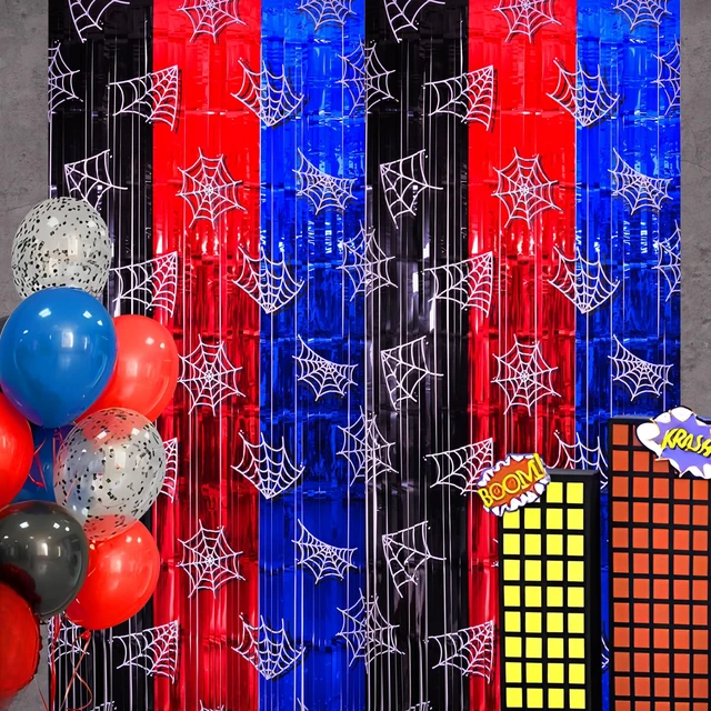 Alt view image 7 of 7 - Spider Web Birthday Decorations, 2 Pack Tinsel Foil Fringe Curtains Spider Party Supplies, 3.3x6.6ft Red Black and Blue Photo Booth Prop Backdrop Streamer, Party Birthday Decor for Boys
