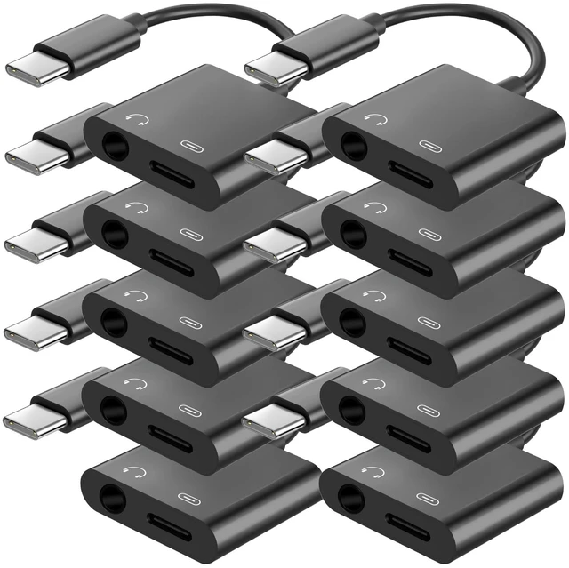 Main image of USB C to 3.5mm Headphone Jack and Charger Adapter, 2-in-1 Audio & Fast Charging Splitter for Apple iPhone 17/16/15/Pro/Pro Max, iPad, Samsung, Pixel, and More 10Pack Black