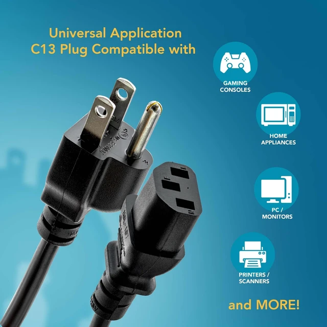 Alt view image 2 of 7 - UL Approved 10ft Universal Power Cord (2 Pack) - IEC C13 to NEMA 5-15P Computer Monitor Cable for IT Departments, Data Centers & Bulk Purchasing - 18AWG 10A 125V