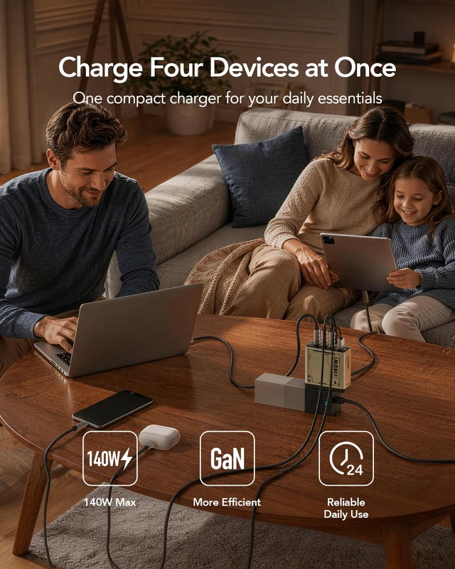 Alt view image 2 of 7 - 140W USB C Charger Block, 4-Port PD 3.1 GaN Laptop Charger, Grey Fast Charging, Foldable Plug, USB-C Wall Charger & Power Adapter for MacBook Air/Pro, iPad, iPhone 17/16 Series, Galaxy S25