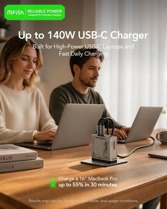 Alt view image 3 of 7 - 140W USB C Charger Block, 4-Port PD 3.1 GaN Laptop Charger, Grey Fast Charging, Foldable Plug, USB-C Wall Charger & Power Adapter for MacBook Air/Pro, iPad, iPhone 17/16 Series, Galaxy S25