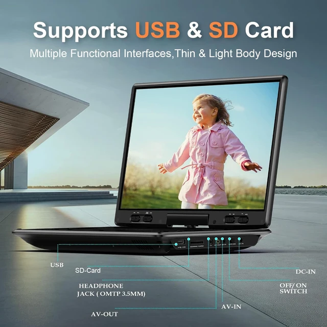 Alt view image 4 of 7 - 14.9'' Portable DVD Player with Screen for Car, Home & Travel 5H Battery, Car Charger & Headrest Mount, USB/SD Playback, Remote Control, Dual Earphone Jacks for Kids & Road Trips