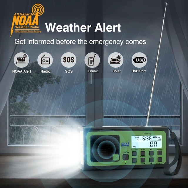 Alt view image 2 of 7 - Hand Crank Emergency Weather Radio NOAA Alert with Solar Powered Portable Radio AM FM SW, 18500mWh Rechargeable Battery Operated, Loud SOS Alarm, Flashlight & Reading Lamp, USB Port