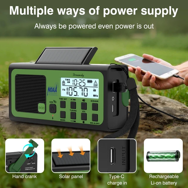 Alt view image 4 of 7 - Hand Crank Emergency Weather Radio NOAA Alert with Solar Powered Portable Radio AM FM SW, 18500mWh Rechargeable Battery Operated, Loud SOS Alarm, Flashlight & Reading Lamp, USB Port
