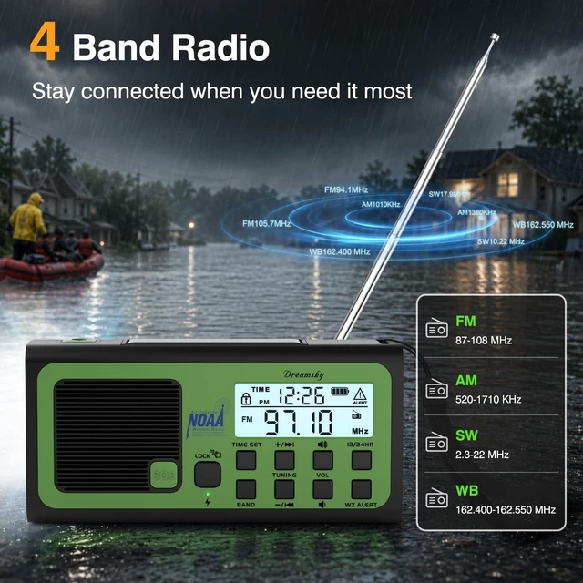 Alt view image 5 of 7 - Hand Crank Emergency Weather Radio NOAA Alert with Solar Powered Portable Radio AM FM SW, 18500mWh Rechargeable Battery Operated, Loud SOS Alarm, Flashlight & Reading Lamp, USB Port