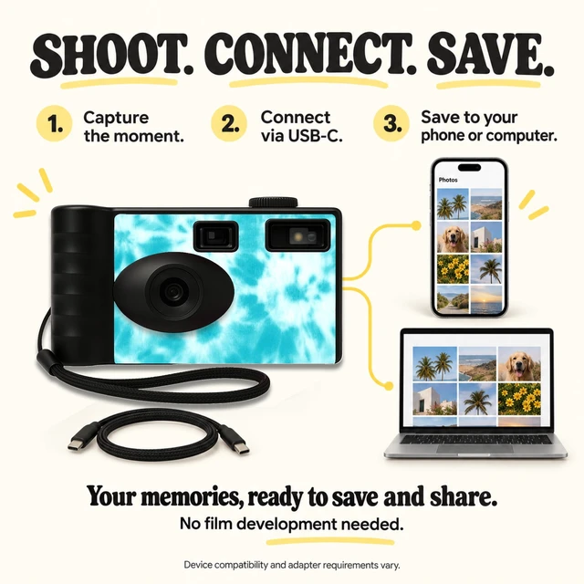 Alt view image 3 of 7 - Screen Free Digital Camera Four Built in Filters Rechargeable, 8mp, Lightweight, Focus-Free, Auto-Flash, Easy-to-Use, Reusable, Retro Film-Style Photos (Blue Tie Dye)