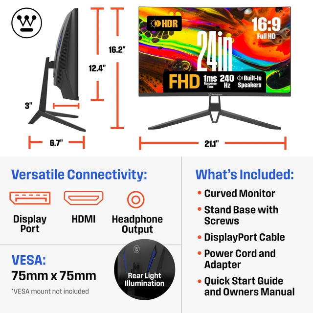 Alt view image 6 of 7 - 24 Inch Curved Gaming Monitor, 240Hz, 1ms, FHD 1080P, 3000:1 Contrast Ratio, 118% SRGB, 1500R, AMD FreeSync, Eyecare, for PC Games with Built-in Speakers, VESA, DisplayPort, HDMI