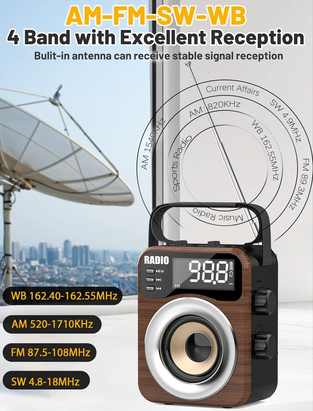 Alt view image 3 of 7 - Portable AM/FM/WB/SW Radio, 4000mAh Rechargeable & 3×D Cell Battery Powered Bluetooth Digital Radios 10W Speaker,TF/USB Playback,LCD Display Weather Alert For Home Outdoor Emergency Brown
