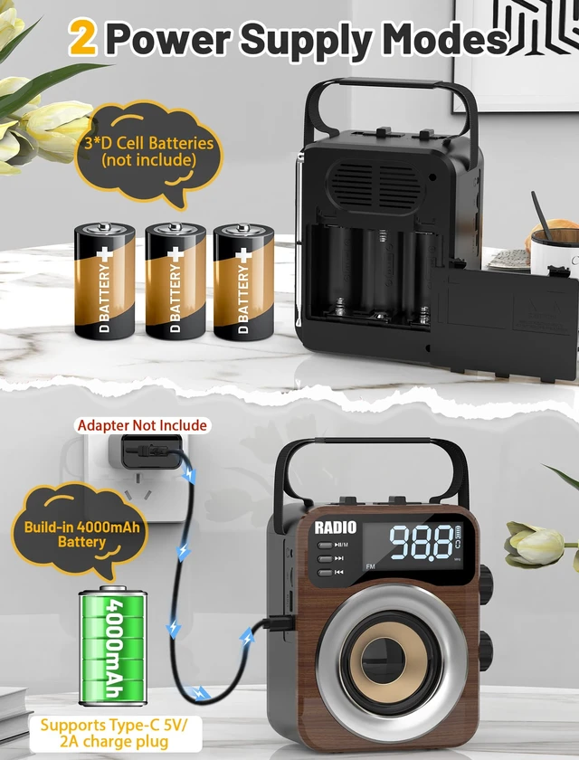 Alt view image 4 of 7 - Portable AM/FM/WB/SW Radio, 4000mAh Rechargeable & 3×D Cell Battery Powered Bluetooth Digital Radios 10W Speaker,TF/USB Playback,LCD Display Weather Alert For Home Outdoor Emergency Brown