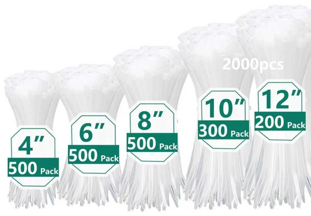 Main image of 2000 PCS Zip Ties Assorted Sizes 4+6+8+10+12 Inch Self-locking Nylon Cable ties Heavy Duty Outdoor, UV Resistant Wire Straps for Home Office Garden Workshop Indoor Outdoor Fence((White)