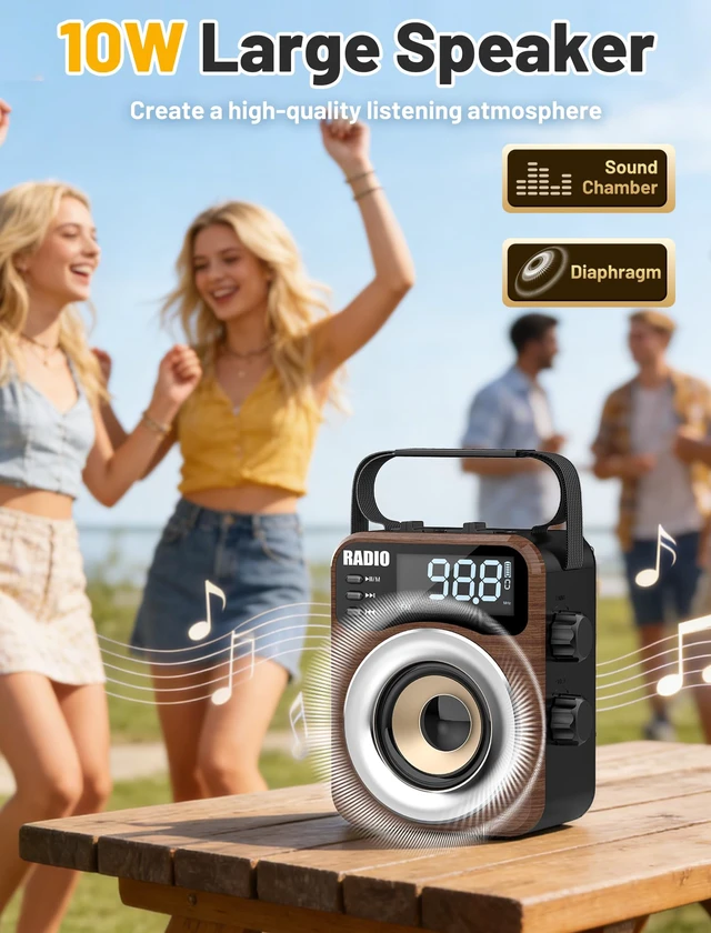 Alt view image 6 of 7 - Portable AM/FM/WB/SW Radio, 4000mAh Rechargeable & 3×D Cell Battery Powered Bluetooth Digital Radios 10W Speaker,TF/USB Playback,LCD Display Weather Alert For Home Outdoor Emergency Brown