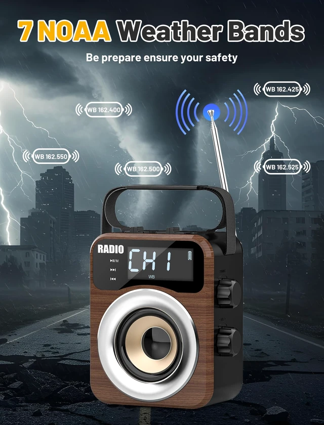 Alt view image 7 of 7 - Portable AM/FM/WB/SW Radio, 4000mAh Rechargeable & 3×D Cell Battery Powered Bluetooth Digital Radios 10W Speaker,TF/USB Playback,LCD Display Weather Alert For Home Outdoor Emergency Brown