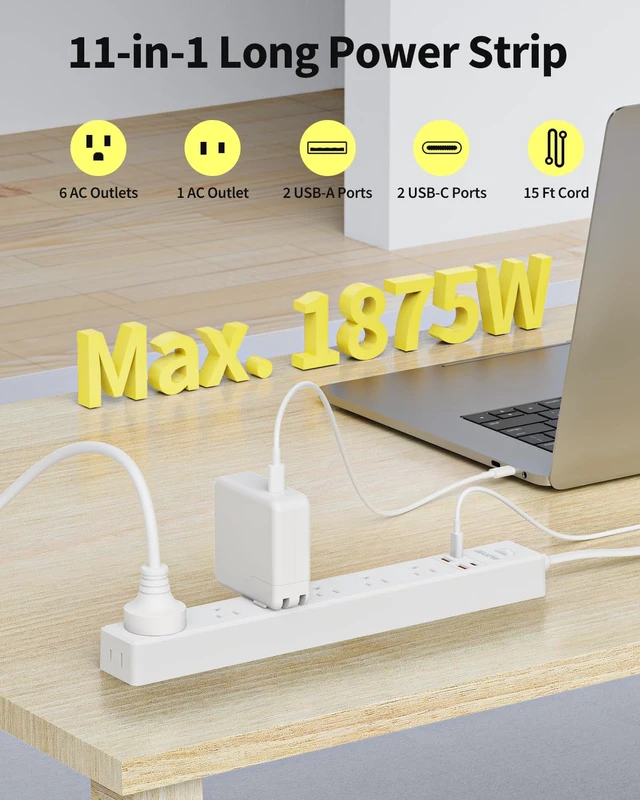 Alt view image 2 of 7 - 15 Ft Flat Extension Cord Power Strip,7 AC Outlets 4 USB Ports(2 USB C) Ultra Thin Flat Extension Cord & Flat Plug, 1700 Joules, Wall Mount, Desk Charging Station for Home Office Dorm, White