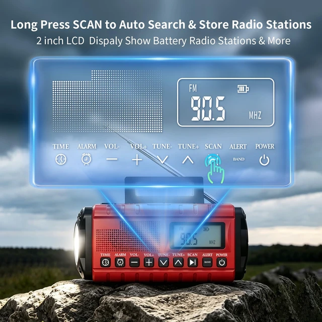 Alt view image 3 of 6 - 10000mAh/37000mWh Emergency Radio-Weather Radio Portable AM FM Auto Scan with Solar Panel/Hand Crank/AC Input Rechargeable Battery with Fashlight Reading Lamp SOS Siren for Indoor/Outdoor Emergency