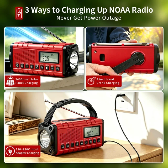 Alt view image 5 of 6 - 10000mAh/37000mWh Emergency Radio-Weather Radio Portable AM FM Auto Scan with Solar Panel/Hand Crank/AC Input Rechargeable Battery with Fashlight Reading Lamp SOS Siren for Indoor/Outdoor Emergency