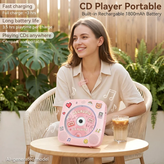 Alt view image 2 of 7 - CD Player Portable Bluetooth Rechargeable: CD Players for Home 1800mAh Desktop Wall CD Player with Speakers with Dust Cover FM Radio USB Remote Control