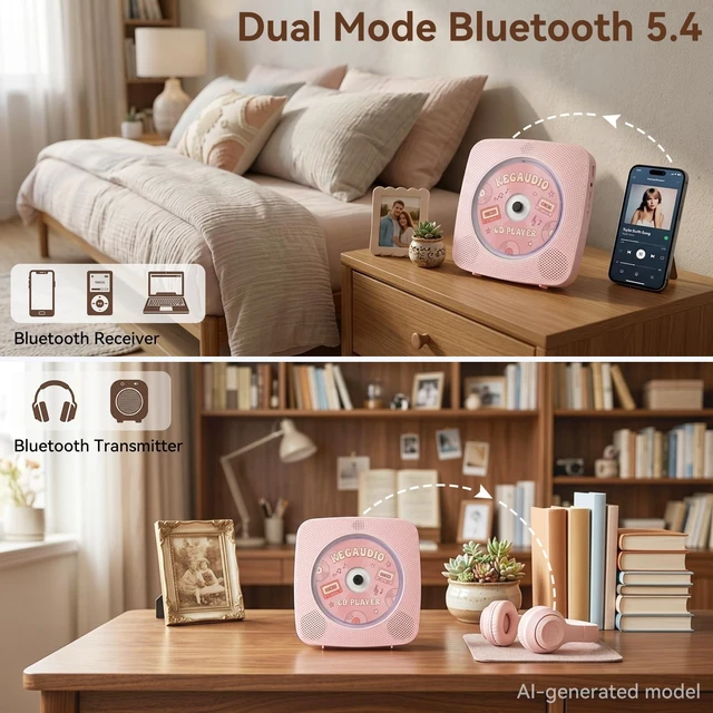 Alt view image 3 of 7 - CD Player Portable Bluetooth Rechargeable: CD Players for Home 1800mAh Desktop Wall CD Player with Speakers with Dust Cover FM Radio USB Remote Control