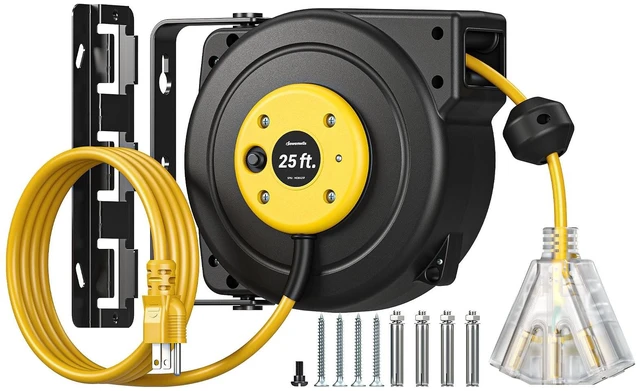 Main image of 25FT Retractable Extension Cord Reel, 3-Outlet,14/3C SJTOW Cable Lighted End Plug, 13A Circuit Breaker, 180° Swivel Bracket, Safety Lock, Electric Cord Reel for Garage, Workshop, Yellow