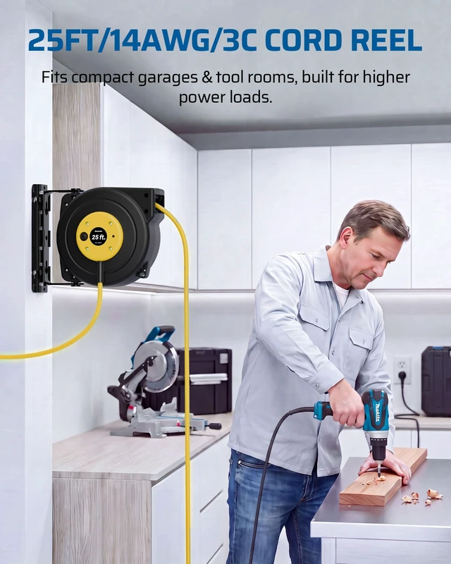 Alt view image 3 of 7 - 25FT Retractable Extension Cord Reel, 3-Outlet,14/3C SJTOW Cable Lighted End Plug, 13A Circuit Breaker, 180° Swivel Bracket, Safety Lock, Electric Cord Reel for Garage, Workshop, Yellow