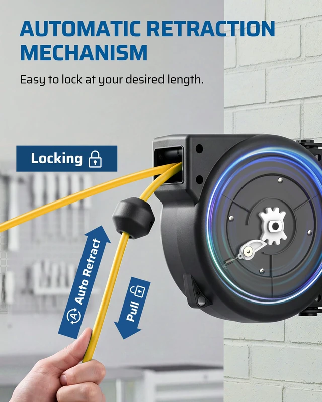 Alt view image 4 of 7 - 25FT Retractable Extension Cord Reel, 3-Outlet,14/3C SJTOW Cable Lighted End Plug, 13A Circuit Breaker, 180° Swivel Bracket, Safety Lock, Electric Cord Reel for Garage, Workshop, Yellow