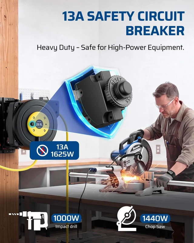 Alt view image 5 of 7 - 25FT Retractable Extension Cord Reel, 3-Outlet,14/3C SJTOW Cable Lighted End Plug, 13A Circuit Breaker, 180° Swivel Bracket, Safety Lock, Electric Cord Reel for Garage, Workshop, Yellow