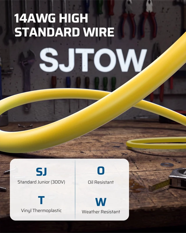 Alt view image 6 of 7 - 25FT Retractable Extension Cord Reel, 3-Outlet,14/3C SJTOW Cable Lighted End Plug, 13A Circuit Breaker, 180° Swivel Bracket, Safety Lock, Electric Cord Reel for Garage, Workshop, Yellow