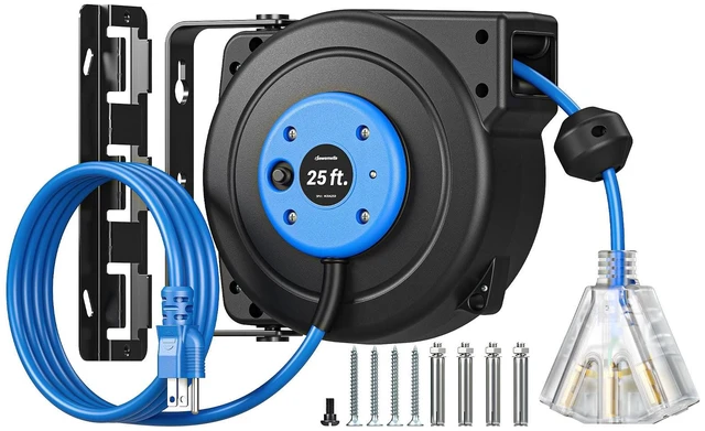 Main image of 25FT Retractable Extension Cord Reel, 3-Outlet,14/3C SJTOW Cable Lighted End Plug, 13A Circuit Breaker, 180° Swivel Bracket, Safety Lock, Electric Cord Reel for Garage, Workshop, Blue