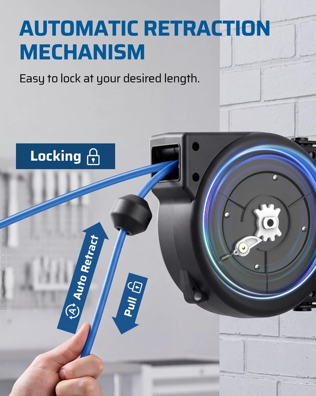 Alt view image 4 of 7 - 25FT Retractable Extension Cord Reel, 3-Outlet,14/3C SJTOW Cable Lighted End Plug, 13A Circuit Breaker, 180° Swivel Bracket, Safety Lock, Electric Cord Reel for Garage, Workshop, Blue