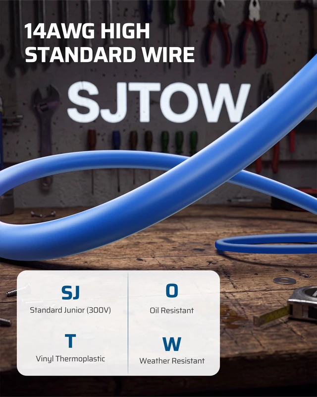 Alt view image 6 of 7 - 25FT Retractable Extension Cord Reel, 3-Outlet,14/3C SJTOW Cable Lighted End Plug, 13A Circuit Breaker, 180° Swivel Bracket, Safety Lock, Electric Cord Reel for Garage, Workshop, Blue