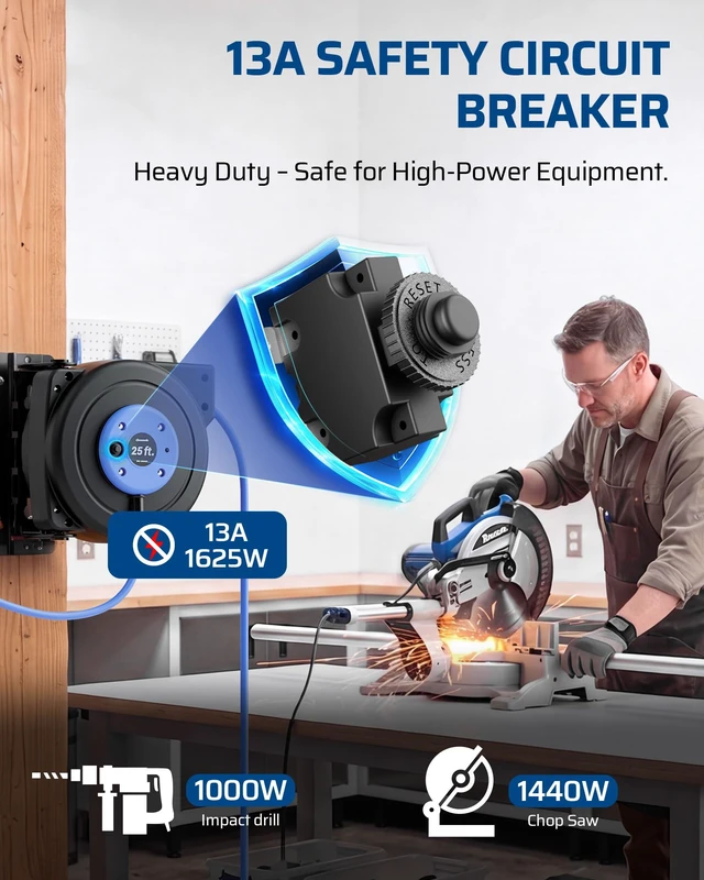Alt view image 5 of 7 - 25FT Retractable Extension Cord Reel, 3-Outlet,14/3C SJTOW Cable Lighted End Plug, 13A Circuit Breaker, 180° Swivel Bracket, Safety Lock, Electric Cord Reel for Garage, Workshop, Blue