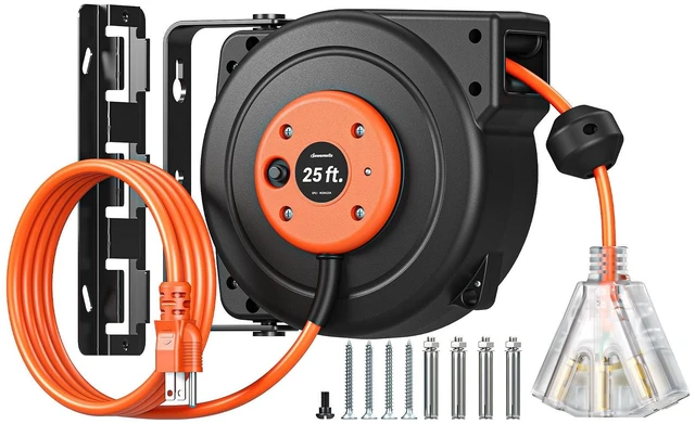 Main image of 25FT Retractable Extension Cord Reel, 3-Outlet,14/3C SJTOW Cable Lighted End Plug, 13A Circuit Breaker, 180° Swivel Bracket, Safety Lock, Electric Cord Reel for Garage, Workshop, Orange