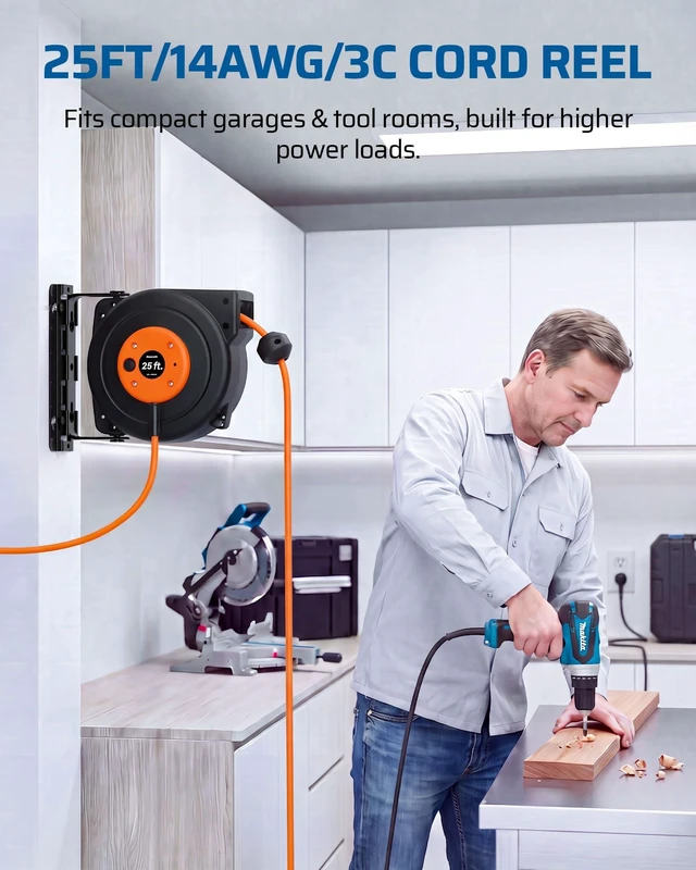 Alt view image 3 of 7 - 25FT Retractable Extension Cord Reel, 3-Outlet,14/3C SJTOW Cable Lighted End Plug, 13A Circuit Breaker, 180° Swivel Bracket, Safety Lock, Electric Cord Reel for Garage, Workshop, Orange