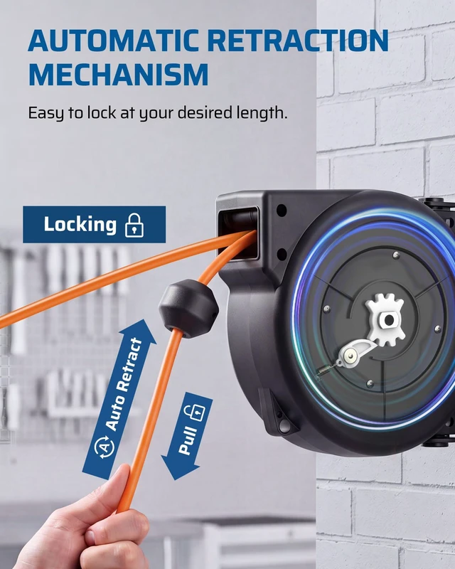 Alt view image 4 of 7 - 25FT Retractable Extension Cord Reel, 3-Outlet,14/3C SJTOW Cable Lighted End Plug, 13A Circuit Breaker, 180° Swivel Bracket, Safety Lock, Electric Cord Reel for Garage, Workshop, Orange