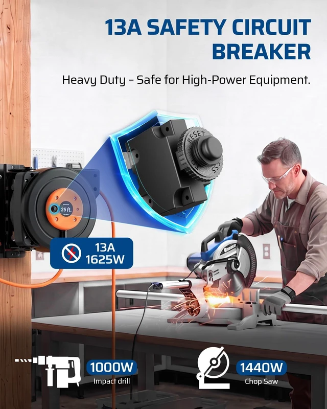 Alt view image 5 of 7 - 25FT Retractable Extension Cord Reel, 3-Outlet,14/3C SJTOW Cable Lighted End Plug, 13A Circuit Breaker, 180° Swivel Bracket, Safety Lock, Electric Cord Reel for Garage, Workshop, Orange
