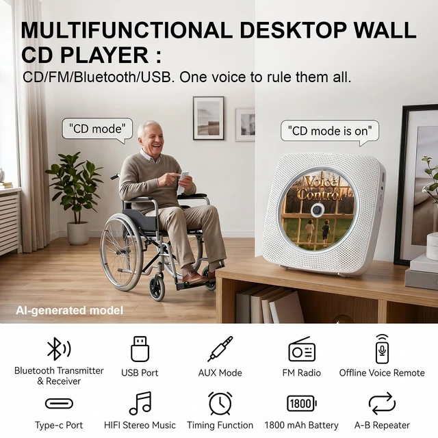 Alt view image 2 of 7 - Portable CD Player with Bluetooth, 1800mAh CD Player with Speakers Offline voice control,built-in speaker,wall mountable, FM radio, rechargeable battery for home desk,detachable cover