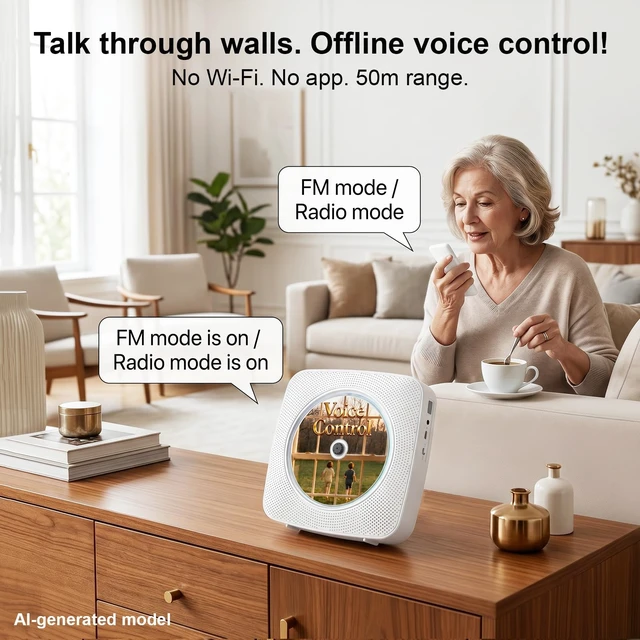 Alt view image 3 of 7 - Portable CD Player with Bluetooth, 1800mAh CD Player with Speakers Offline voice control,built-in speaker,wall mountable, FM radio, rechargeable battery for home desk,detachable cover
