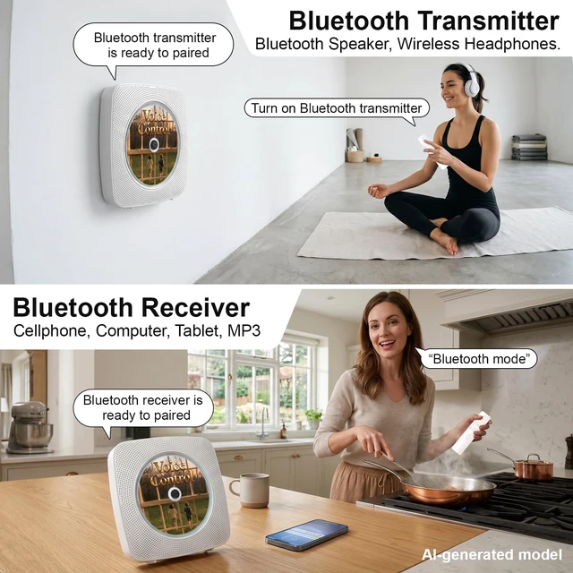 Alt view image 4 of 7 - Portable CD Player with Bluetooth, 1800mAh CD Player with Speakers Offline voice control,built-in speaker,wall mountable, FM radio, rechargeable battery for home desk,detachable cover