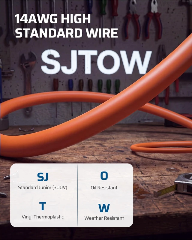 Alt view image 6 of 7 - 25FT Retractable Extension Cord Reel, 3-Outlet,14/3C SJTOW Cable Lighted End Plug, 13A Circuit Breaker, 180° Swivel Bracket, Safety Lock, Electric Cord Reel for Garage, Workshop, Orange