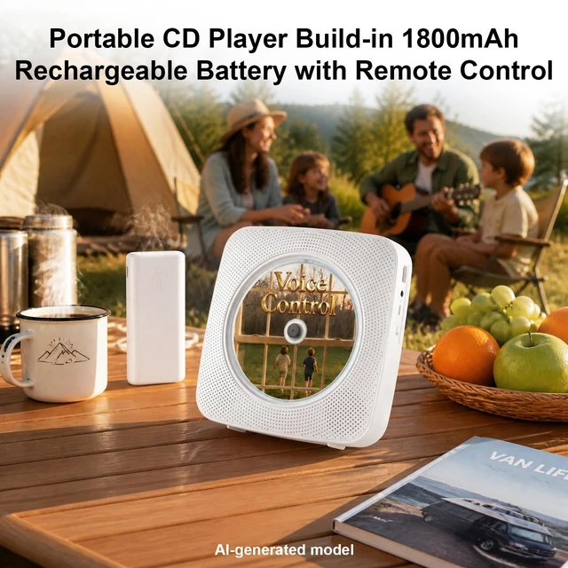 Alt view image 6 of 7 - Portable CD Player with Bluetooth, 1800mAh CD Player with Speakers Offline voice control,built-in speaker,wall mountable, FM radio, rechargeable battery for home desk,detachable cover