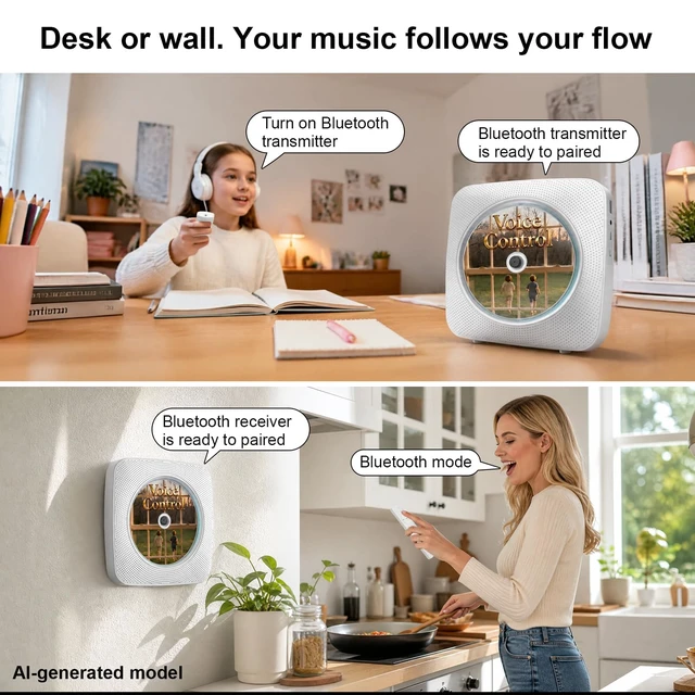 Alt view image 7 of 7 - Portable CD Player with Bluetooth, 1800mAh CD Player with Speakers Offline voice control,built-in speaker,wall mountable, FM radio, rechargeable battery for home desk,detachable cover