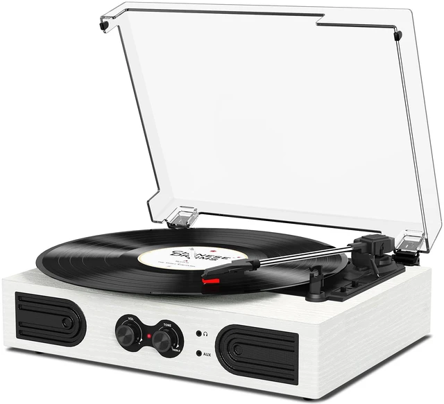 Main image of Vinyl Record Player with Built-in Stereo Speakers, Vintage 3-Speed Turntable, Bass/Treble Control, Headphone Jack, RCA/AUX Outputs, Belt-Driven LP Player, White Wood