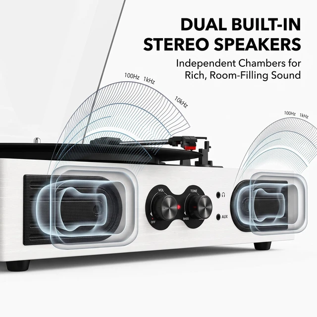 Alt view image 4 of 7 - Vinyl Record Player with Built-in Stereo Speakers, Vintage 3-Speed Turntable, Bass/Treble Control, Headphone Jack, RCA/AUX Outputs, Belt-Driven LP Player, White Wood