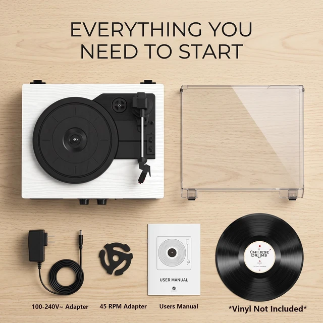 Alt view image 6 of 7 - Vinyl Record Player with Built-in Stereo Speakers, Vintage 3-Speed Turntable, Bass/Treble Control, Headphone Jack, RCA/AUX Outputs, Belt-Driven LP Player, White Wood