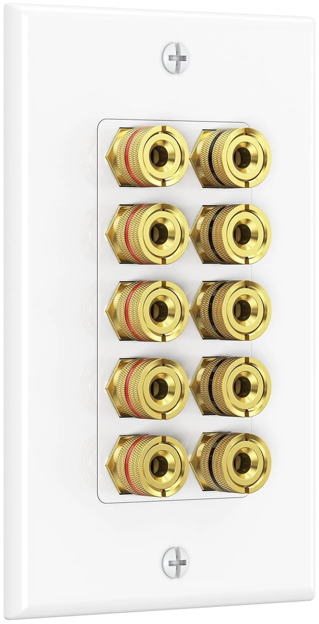 Main image of Speaker Wire Wall Plate, 10 Posts for 5 Speakers, White Gold-Plated Binding Posts, Banana Plug Compatible, for Home Theater Wiring, Low-Voltage Installation